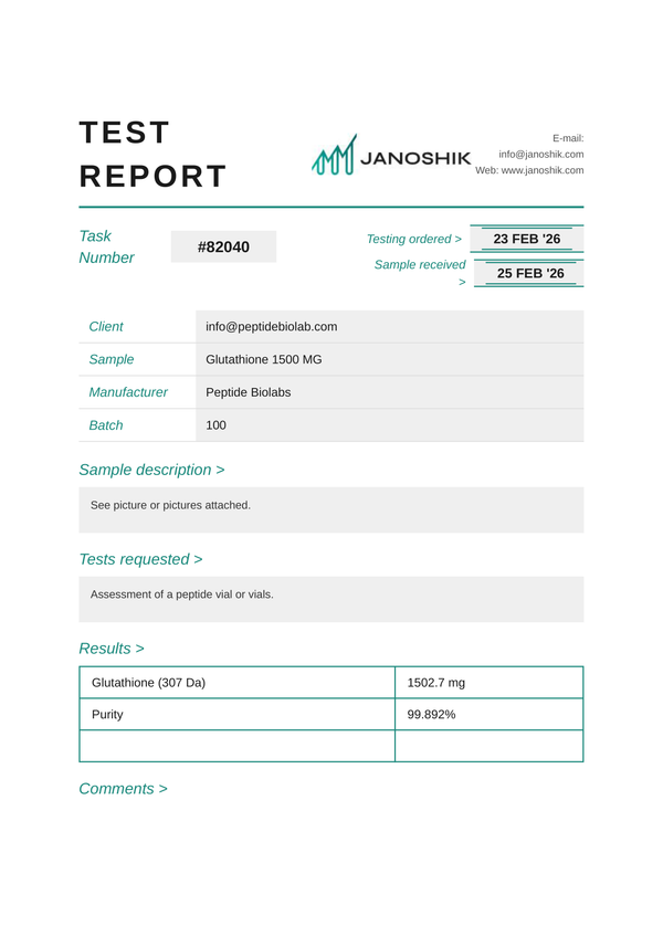 Certificate of Analysis - Glutathione 1500MG - Peptides BioLab